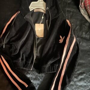 Black Velour Playboy bunnyHoodie with Pink Stripes